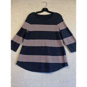 Talbots Sweater Women's 1X Navy Blue Nautical Pink Stripe 3/4 Sleeve Pullover